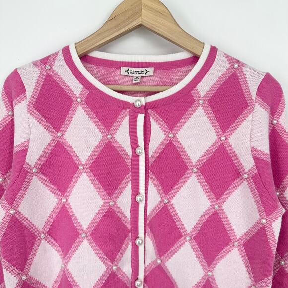 Nanette Lepore Argyle Cardigan Pearl Crew Neck Plaid Barbie Sweater, Pink - Picture 5 of 12